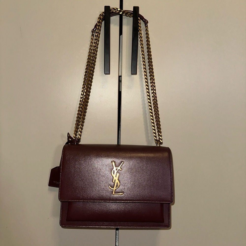 YSL Saint Laurent Burgundy Calfskin Sunset bag